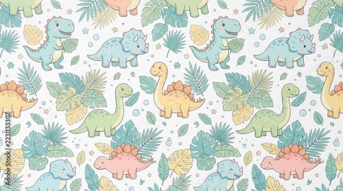 A delightful seamless pattern featuring cute cartoon dinosaur characters in soft pastel colors surrounded by tropical leaves and plants, perfect for kids, underscoring the illustration