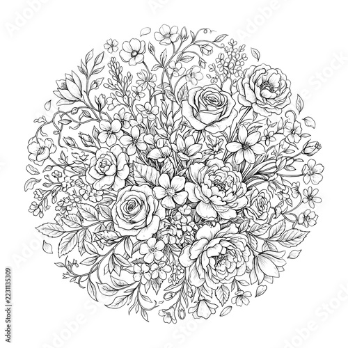 Intricate floral line art sketch in circular composition isolated on white background, botanical bouquet drawing for coloring or design