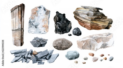 Watercolor study of rocks, slate fragments, and mineral samples arranged on white