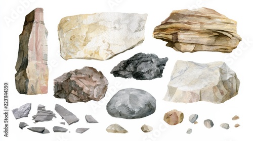 Watercolor study of rocks and stone formations arranged on a white background