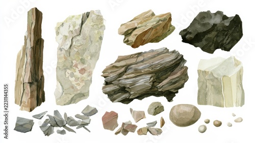 Watercolor study of rock types and mineral fragments arranged on a white background