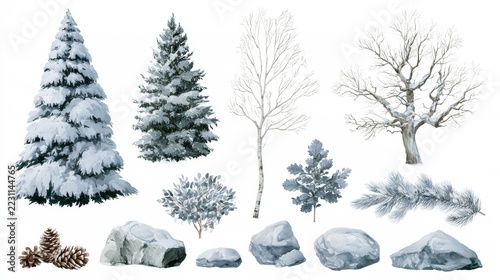 Winter trees and snow-covered evergreens with rocks, cones, and pine branches
