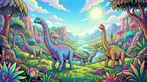 A vibrant digital art illustration of a colorful long neck dinosaur standing in a surreal prehistoric landscape with whimsical plants under a bright sun, underscoring the sauropod