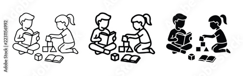 Children reading and playing with blocks set, learning and childhood icons