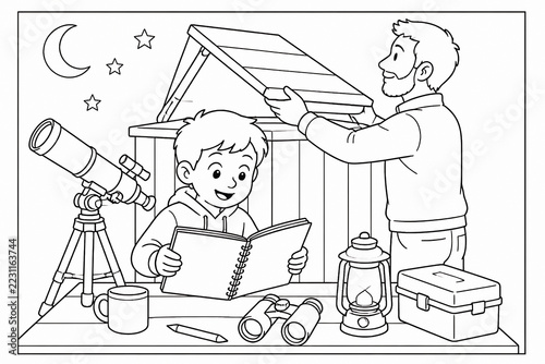 A man and a boy are looking through an open tent at books, with a telescope and binoculars nearby in an outdoor setting.