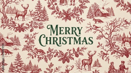 Merry Christmas vintage festive pattern with animals and trees
