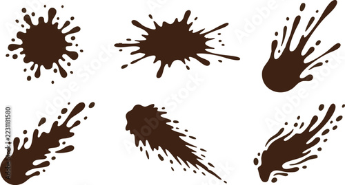 Dark brown ink splashes and liquid paint drops set on white background isolated