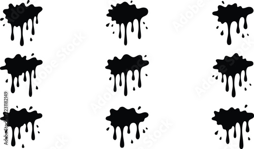 Black ink drips and paint splatters set isolated on a white background