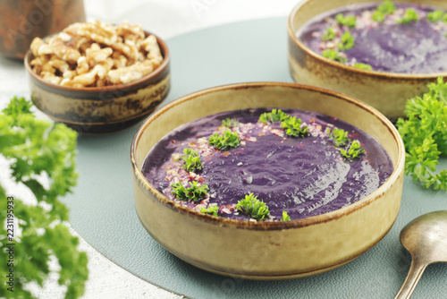 Obraz na plátně Red cabbage cream soup - traditional dish of Norwegian cuisine