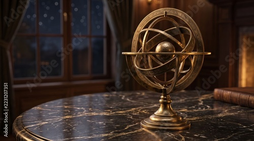 Antique brass armillary sphere astrolabe model on a black marble table in a cozy study room with a starry night window