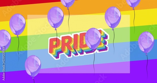 Showing centered PRIDE text floating on clear backing panel over rainbow flag, with purple balloons