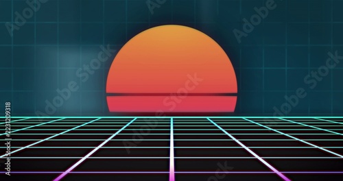 Glowing semi-circle sun showing thin split, hovering on horizon in synthwave with neon grid