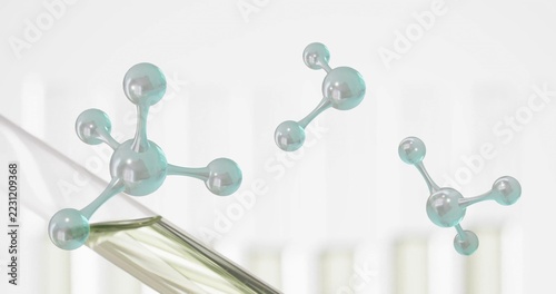 Floating glossy molecular models hovering above tilted pipette in lab with tube rack