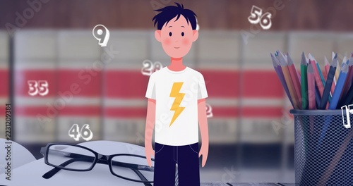Standing teen in white tee with bolt studying at desk with glasses, pencils, floating numbers