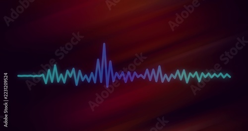 Glowing neon waveform showing taller peak left, sitting on red gradient with teal blue purple glow