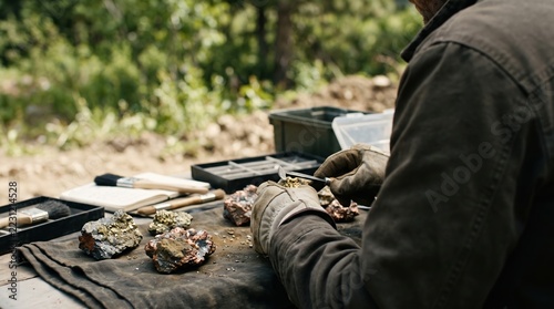 Close-Up of Hands Working with Rocks and Tools in Natural Outdoor Setting