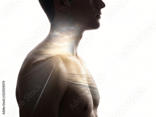 Serene Duality: Male Silhouette Merging with Ocean and Horizon Landscape