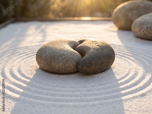 Serene Stone Formation on Zen Sand with Circular Patterns in Soft Dawn Light