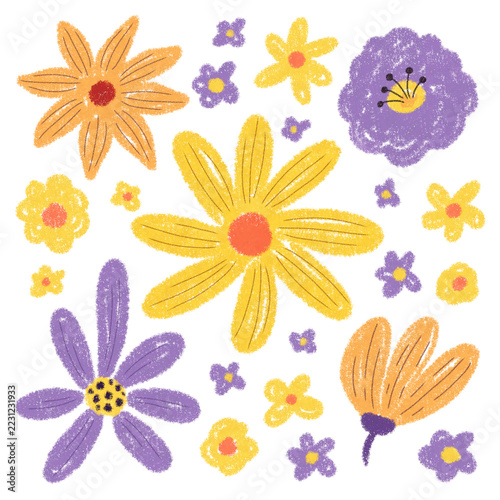 Hand drawn illustration of flowers drawing collection in crayons childish style.