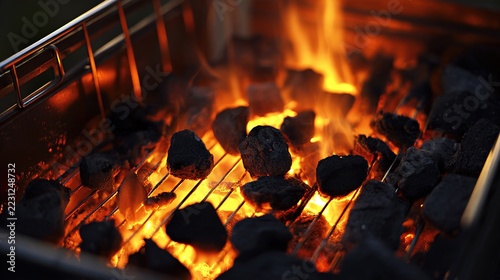charcoal. A close-up of a sizzling barbecue grill with glowing coals and rising aromatic smoke. menu design, packaging mockups, designed for culinary blogs and recipe cards for restaurants.