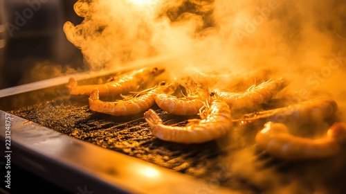 sizzling. Close-up of sizzling seafood on a grill, capturing the smoky essence of an outdoor meal. menu design, packaging mockups, designed for culinary blogs and recipe cards for restaurants.