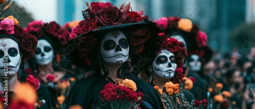 People wearing skull makeup and flower crowns at Day of the Dead celebration. Mexican cultural holiday honoring deceased loved ones. Catrina tradition, remembrance and festive heritage.