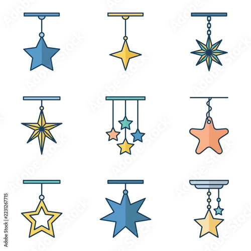 Collection of hanging star ornaments in various designs and colors.