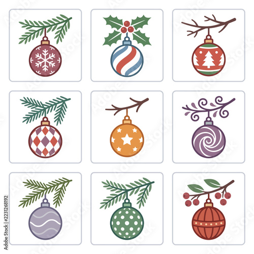 Collection of nine festive Christmas ornaments hanging from branches.