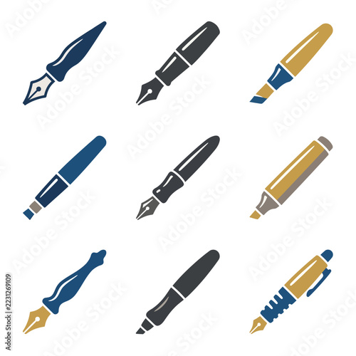 Collection of writing instruments including fountain pens and markers.