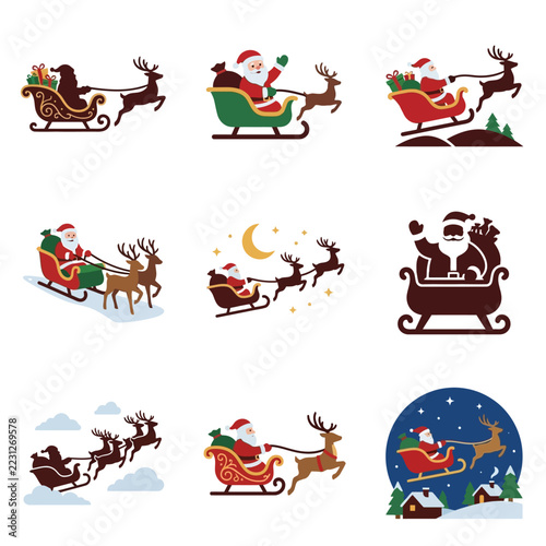 Santa Claus Riding Sleigh Pulled by Reindeer Collection.