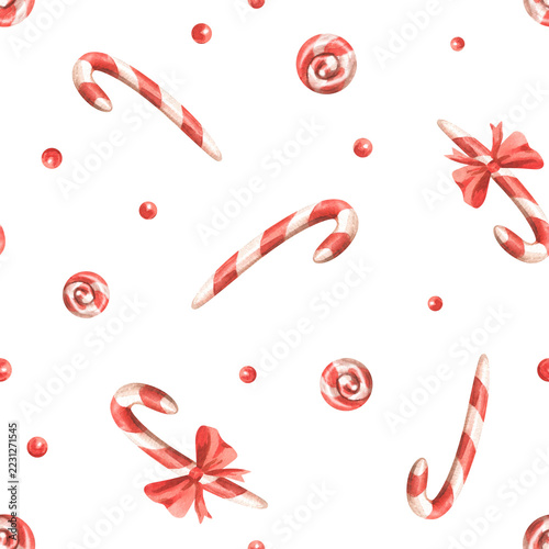 Red and white striped candy canes, accented with bows and round candies. A hand-painted, watercolor-style Christmas and New Year illustration. Seamless pattern is perfect for holiday designs