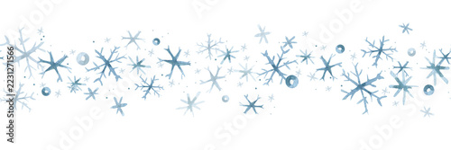 Blue snowflakes in a swirling snowfall. A hand-painted watercolor illustration. A seamless border pattern for Christmas, New Year, and the winter season. A long banner suitable for design, decoration