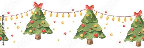 A decorated green fir tree with a bow and garlands featuring yellow lights. A hand-drawn watercolor illustration. A seamless border pattern for Christmas and New Year. A long banner for framing.