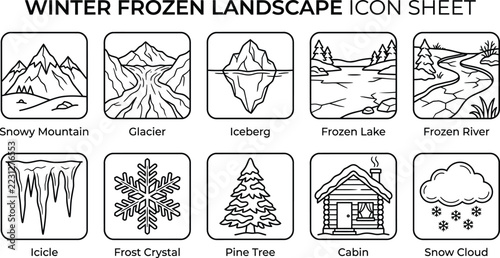 Winter frozen landscape icon sheet showing snowy mountain glacier iceberg frozen lake river icicle frost crystal pine tree cabin on transparent background