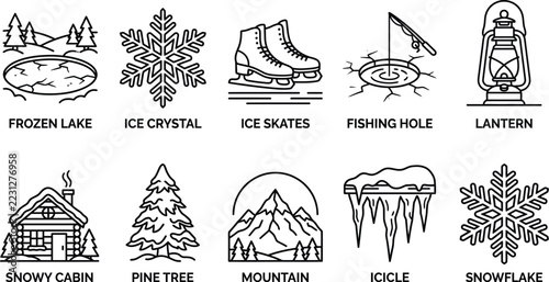 Winter icons set featuring snowy cabin pine tree frozen lake ice crystal skates mountain icicle on transparent background
