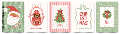 Christmas greeting card set with Santa, Nutcracker, Christmas tree and wreath in hand drawn style. Vector template for for poster, banner, cover