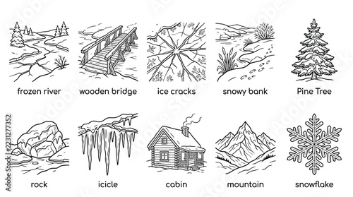 Winter landscape elements set with river, bridge, cabin, pine tree, and snowflake on transparent background
