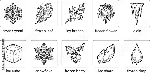 Winter elements collection featuring outline icons of snowflake, frozen leaf, icicle, ice cube, and berry on transparent background