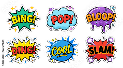 Pop and Slam comic book sound effect sticker set.