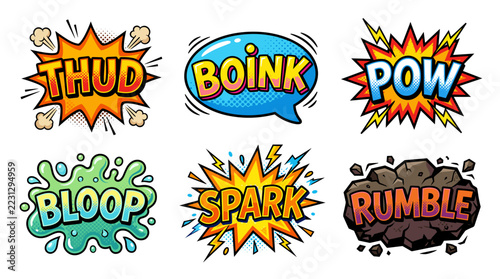 Pop art comic book onomatopoeia sticker pack.