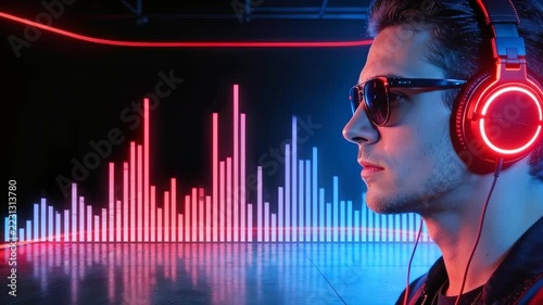Man wearing headphones and sunglasses listens to audio beside a glowing equalizer display