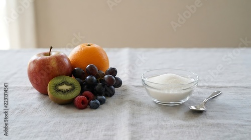 Fresh Healthy Fruits Versus A Bowl Of Refined White Sugar.