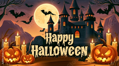 Halloween Holiday Theme. a large, imposing castle with multiple turrets and spires against a backdrop of a full moon. The castle is bathed in warm orange and purple hues, with bats flying around it.