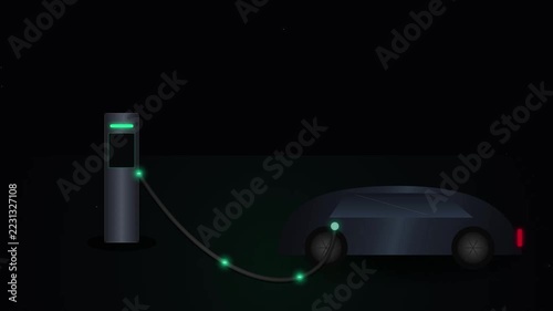 An innovative electric vehicle parks at a terminal to replenish its energy capacity through a glowing connection cable during the silent nighttime hours to ensure sustainable travel for tomorrow