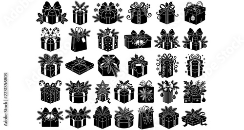 Set of black and white gift box icons with holiday decorations and ribbons for Christmas and winter season design projects