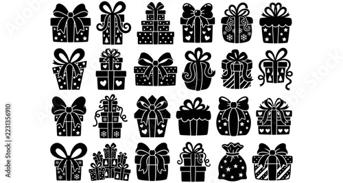 Set of black silhouette gift boxes with ribbons and decorative patterns isolated on a white background for holiday design