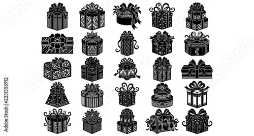 Black silhouette gift box icons set with ornate decorative patterns and ribbons isolated on white background