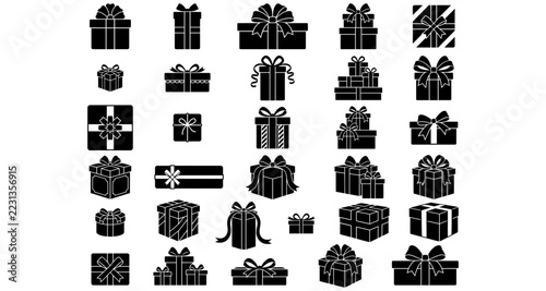 Set of black gift box silhouette icons with decorative ribbons and bows isolated on white