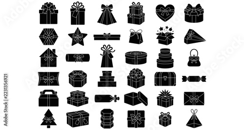 Set of black silhouette gift box icons with various present packages, ribbons, and bows isolated on white background