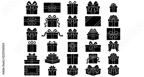 Collection of black gift box silhouette icons with decorative ribbons and bows on white background